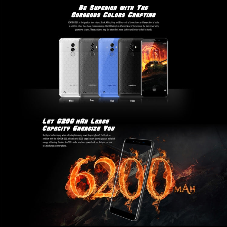 [HK Warehouse] HOMTOM S99, 4GB+64GB, Dual Back Cameras, Face ID & Fingerprint Identification, 6200mAh Battery, 5.5 inch Android 8.0 MTK6750 Octa Core up to 1.5GHz, Network: 4G, Dual SIM, OTG, OTA