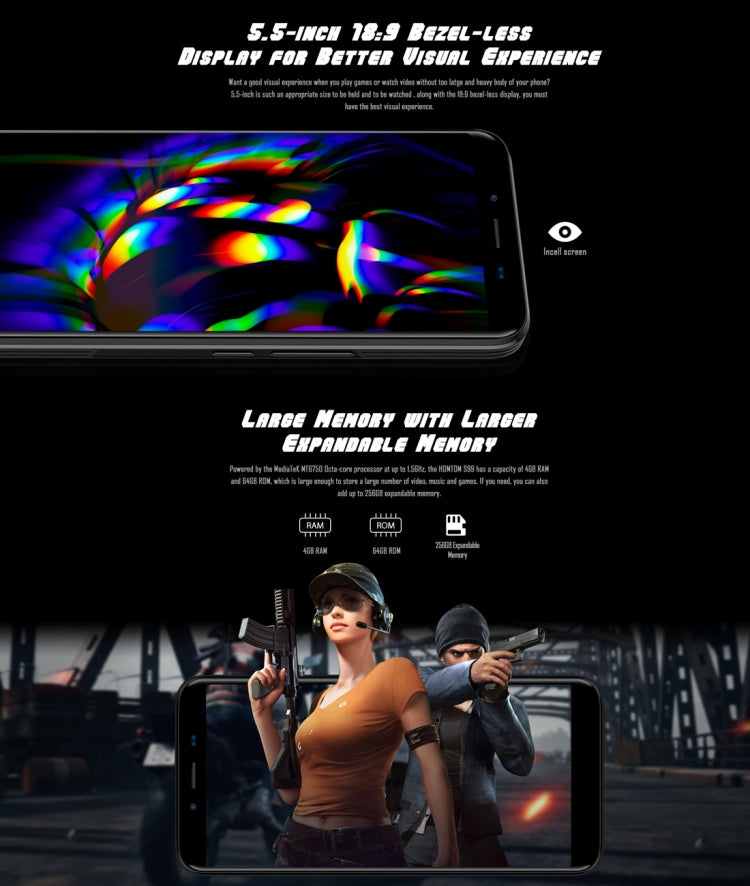 [HK Warehouse] HOMTOM S99, 4GB+64GB, Dual Back Cameras, Face ID & Fingerprint Identification, 6200mAh Battery, 5.5 inch Android 8.0 MTK6750 Octa Core up to 1.5GHz, Network: 4G, Dual SIM, OTG, OTA