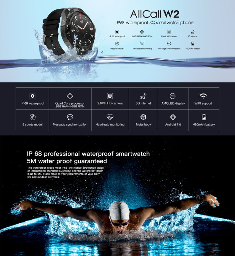 AllCall W2 Smart Watch Phone, 2GB+16GB, IP68 Waterproof, 1.39 inch Android 7.0, MTK6580 Quad Core up to 1.3GHz, Network: 3G, Heart Rate / Exercise Mode / 2.0MP Camera / GPS / Bluetooth (Tarnish)