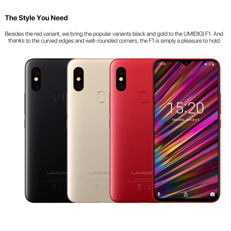[HK Warehouse] UMIDIGI F1, 4GB+128GB, EU Version, Dual Back Cameras, 5150mAh Battery, Face ID & Fingerprint Identification, 6.3 inch Full Screen Android 9.0 MTK Helio P60 Octa Core up to 2.0GHz, Network: 4G, OTG, NFC, Dual SIM(Gold)