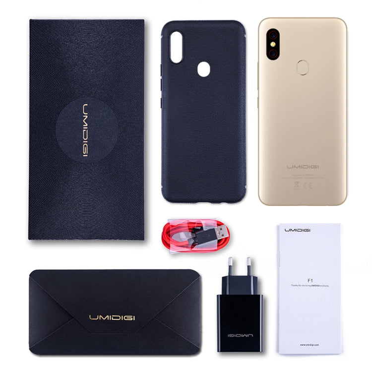[HK Warehouse] UMIDIGI F1, 4GB+128GB, EU Version, Dual Back Cameras, 5150mAh Battery, Face ID & Fingerprint Identification, 6.3 inch Full Screen Android 9.0 MTK Helio P60 Octa Core up to 2.0GHz, Network: 4G, OTG, NFC, Dual SIM(Gold)