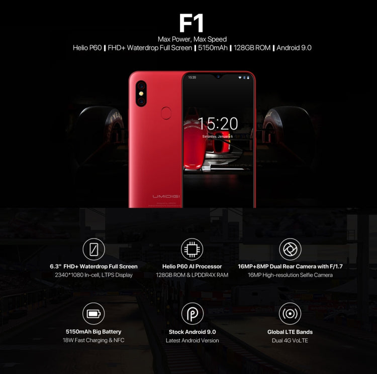 [HK Warehouse] UMIDIGI F1, 4GB+128GB, EU Version, Dual Back Cameras, 5150mAh Battery, Face ID & Fingerprint Identification, 6.3 inch Full Screen Android 9.0 MTK Helio P60 Octa Core up to 2.0GHz, Network: 4G, OTG, NFC, Dual SIM(Gold)