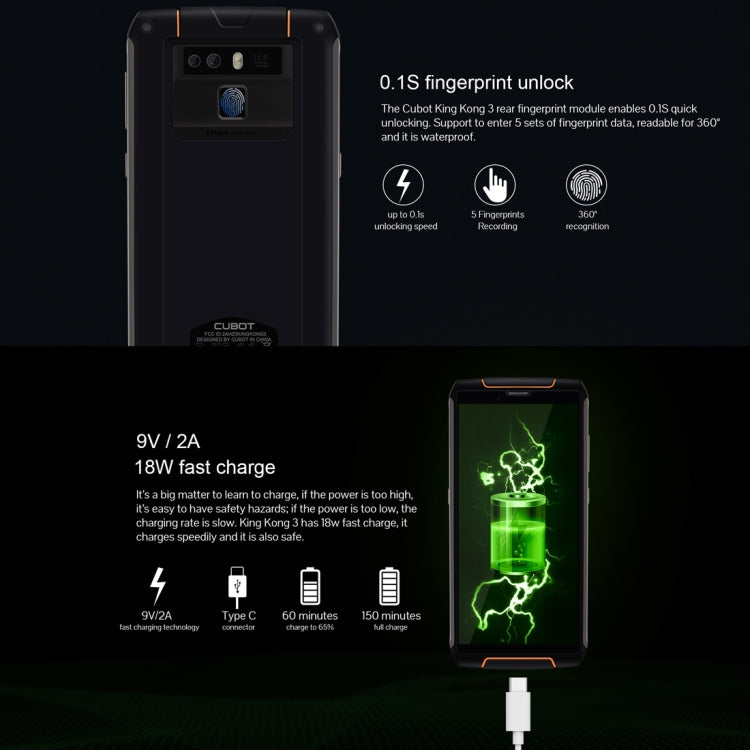 [HK Warehouse] CUBOT Kingkong 3 Rugged Phone, 4GB+64GB, IP68 Waterproof Dustproof Shockproof, 6000mAh Battery, Dual Back Cameras, 5.5 inch Android 8.1 MTK6763T Octa Core, Network: 4G, NFC, OTG, Dual SIM(Black)