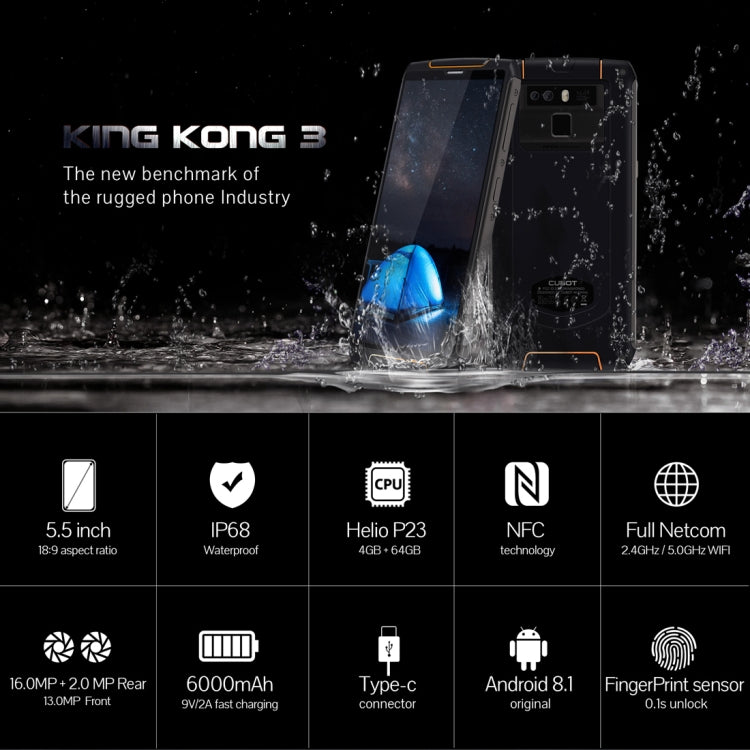 [HK Warehouse] CUBOT Kingkong 3 Rugged Phone, 4GB+64GB, IP68 Waterproof Dustproof Shockproof, 6000mAh Battery, Dual Back Cameras, 5.5 inch Android 8.1 MTK6763T Octa Core, Network: 4G, NFC, OTG, Dual SIM(Black)