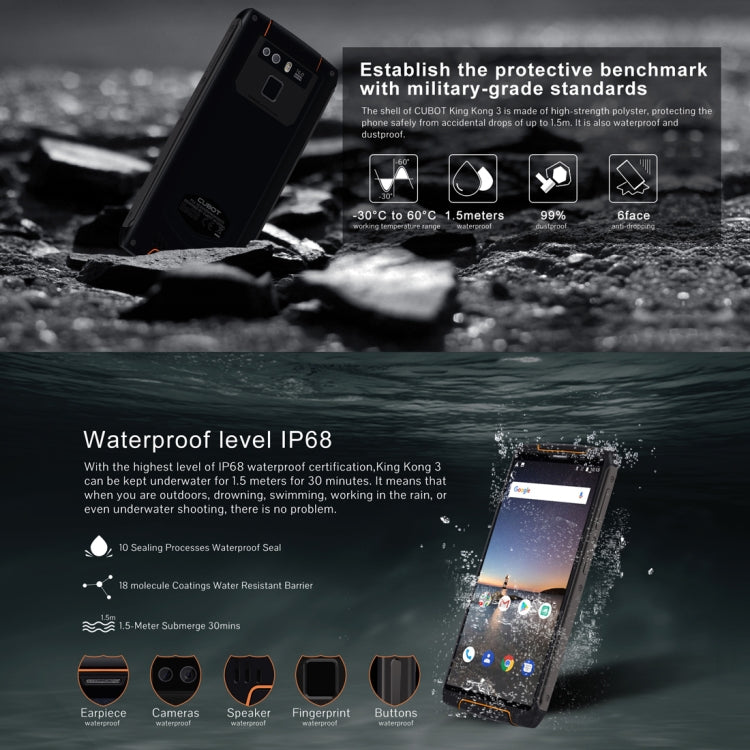 [HK Warehouse] CUBOT Kingkong 3 Rugged Phone, 4GB+64GB, IP68 Waterproof Dustproof Shockproof, 6000mAh Battery, Dual Back Cameras, 5.5 inch Android 8.1 MTK6763T Octa Core, Network: 4G, NFC, OTG, Dual SIM(Black)