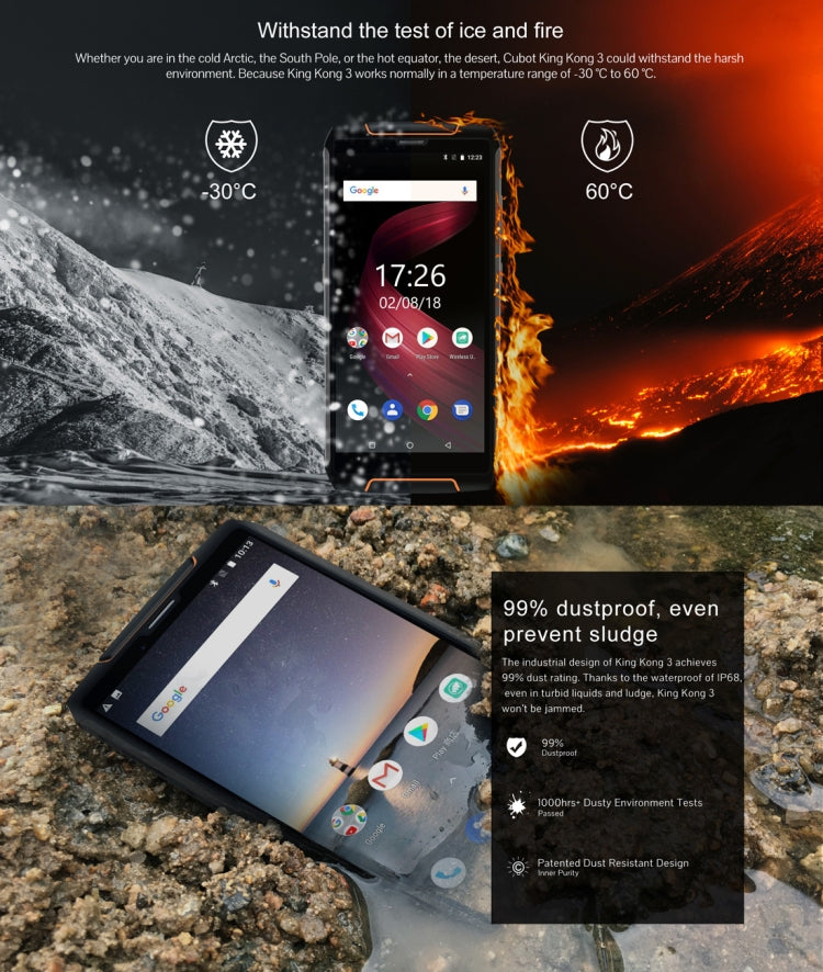 [HK Warehouse] CUBOT Kingkong 3 Rugged Phone, 4GB+64GB, IP68 Waterproof Dustproof Shockproof, 6000mAh Battery, Dual Back Cameras, 5.5 inch Android 8.1 MTK6763T Octa Core, Network: 4G, NFC, OTG, Dual SIM(Black)