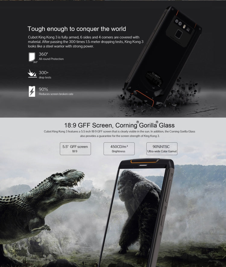 [HK Warehouse] CUBOT Kingkong 3 Rugged Phone, 4GB+64GB, IP68 Waterproof Dustproof Shockproof, 6000mAh Battery, Dual Back Cameras, 5.5 inch Android 8.1 MTK6763T Octa Core, Network: 4G, NFC, OTG, Dual SIM(Black)