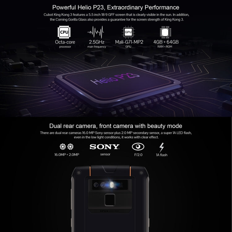 [HK Warehouse] CUBOT Kingkong 3 Rugged Phone, 4GB+64GB, IP68 Waterproof Dustproof Shockproof, 6000mAh Battery, Dual Back Cameras, 5.5 inch Android 8.1 MTK6763T Octa Core, Network: 4G, NFC, OTG, Dual SIM(Black)