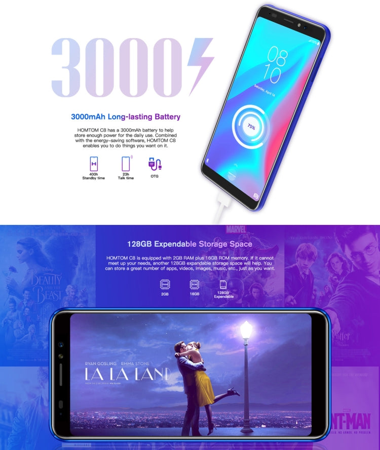 [HK Warehouse] HOMTOM C8, 2GB+16GB, Dual Back Cameras, Face ID & Fingerprint Identification, 5.5 inch Android 8.1 MTK6739 Quad Core up to 1.3GHz, Network: 4G, OTG, OTA, Dual SIM