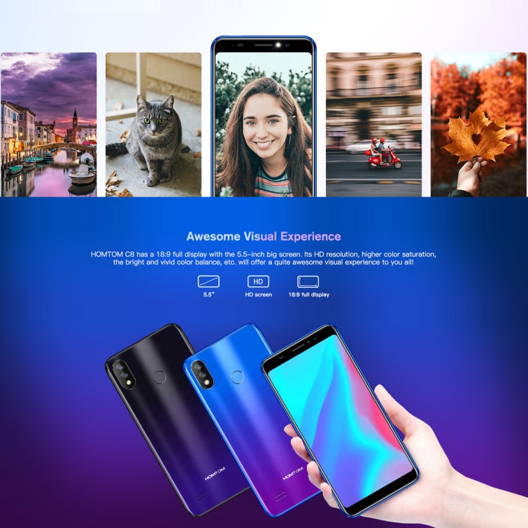 [HK Warehouse] HOMTOM C8, 2GB+16GB, Dual Back Cameras, Face ID & Fingerprint Identification, 5.5 inch Android 8.1 MTK6739 Quad Core up to 1.3GHz, Network: 4G, OTG, OTA, Dual SIM