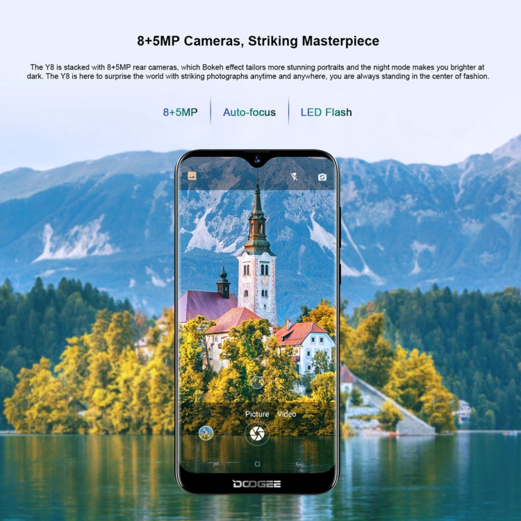 [HK Warehouse] DOOGEE Y8, 3GB+32GB, Dual Back Cameras, Face ID & DTouch Fingerprint,  6.1 inch Water-drop Screen Android 9.0 MTK6739 Quad Core up to 1.5GHz, Network: 4G,  OTA, Dual SIM(Midnight Black)