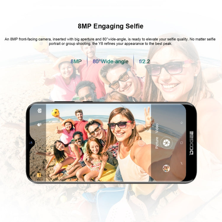 [HK Warehouse] DOOGEE Y8, 3GB+32GB, Dual Back Cameras, Face ID & DTouch Fingerprint,  6.1 inch Water-drop Screen Android 9.0 MTK6739 Quad Core up to 1.5GHz, Network: 4G,  OTA, Dual SIM(Midnight Black)