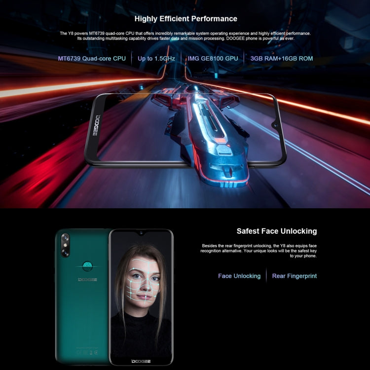[HK Warehouse] DOOGEE Y8, 3GB+32GB, Dual Back Cameras, Face ID & DTouch Fingerprint,  6.1 inch Water-drop Screen Android 9.0 MTK6739 Quad Core up to 1.5GHz, Network: 4G,  OTA, Dual SIM(Midnight Black)
