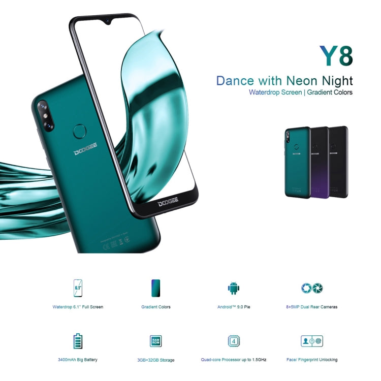 [HK Warehouse] DOOGEE Y8, 3GB+32GB, Dual Back Cameras, Face ID & DTouch Fingerprint,  6.1 inch Water-drop Screen Android 9.0 MTK6739 Quad Core up to 1.5GHz, Network: 4G,  OTA, Dual SIM(Midnight Black)
