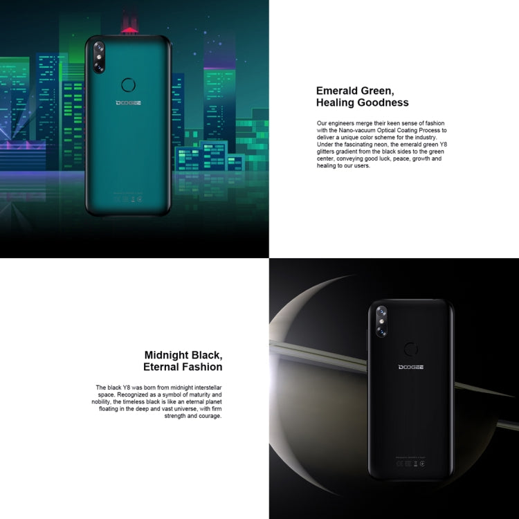 [HK Warehouse] DOOGEE Y8, 3GB+32GB, Dual Back Cameras, Face ID & DTouch Fingerprint,  6.1 inch Water-drop Screen Android 9.0 MTK6739 Quad Core up to 1.5GHz, Network: 4G,  OTA, Dual SIM(Midnight Black)