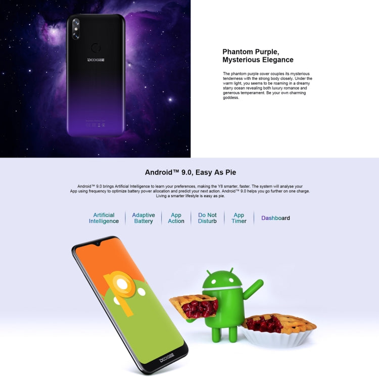 [HK Warehouse] DOOGEE Y8, 3GB+32GB, Dual Back Cameras, Face ID & DTouch Fingerprint,  6.1 inch Water-drop Screen Android 9.0 MTK6739 Quad Core up to 1.5GHz, Network: 4G,  OTA, Dual SIM(Midnight Black)