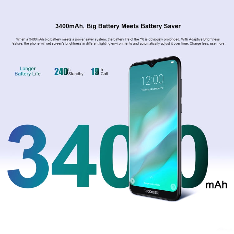[HK Warehouse] DOOGEE Y8, 3GB+32GB, Dual Back Cameras, Face ID & DTouch Fingerprint,  6.1 inch Water-drop Screen Android 9.0 MTK6739 Quad Core up to 1.5GHz, Network: 4G,  OTA, Dual SIM(Midnight Black)
