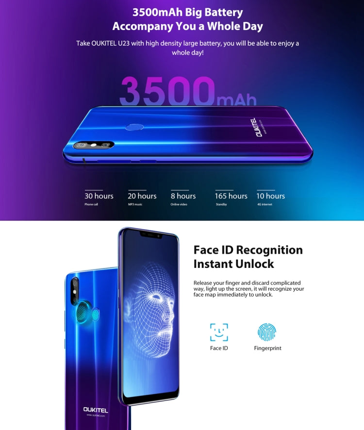 [HK Warehouse] OUKITEL U23, 6GB+64GB, Dual Back Cameras, Face ID & Fingerprint Identification, 6.18 inch Android 8.1 MTK6763T Helio P23 Octa Core up to 2.0GHz, Network: 4G, Dual SIM, OTG, OTA(Gradient Blue)