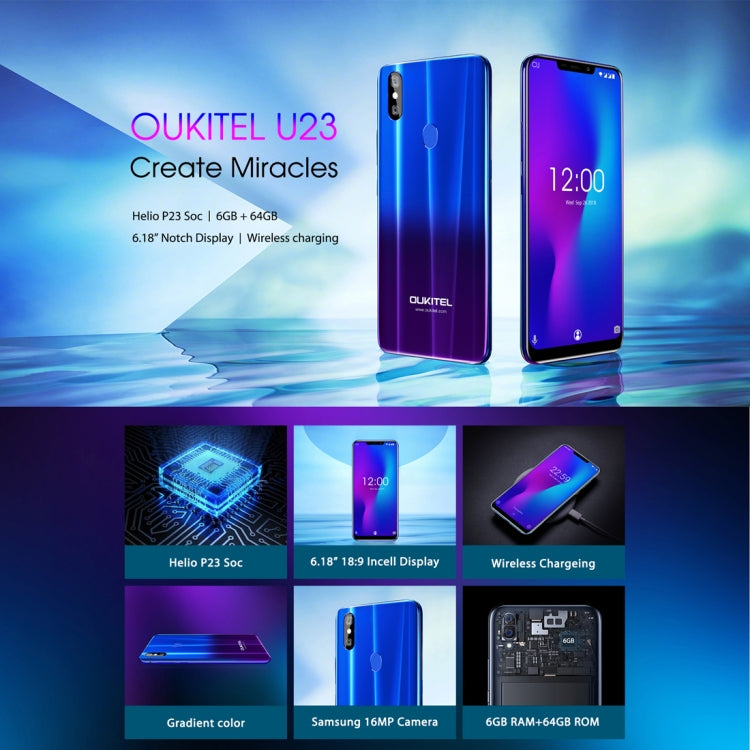 [HK Warehouse] OUKITEL U23, 6GB+64GB, Dual Back Cameras, Face ID & Fingerprint Identification, 6.18 inch Android 8.1 MTK6763T Helio P23 Octa Core up to 2.0GHz, Network: 4G, Dual SIM, OTG, OTA(Gradient Blue)