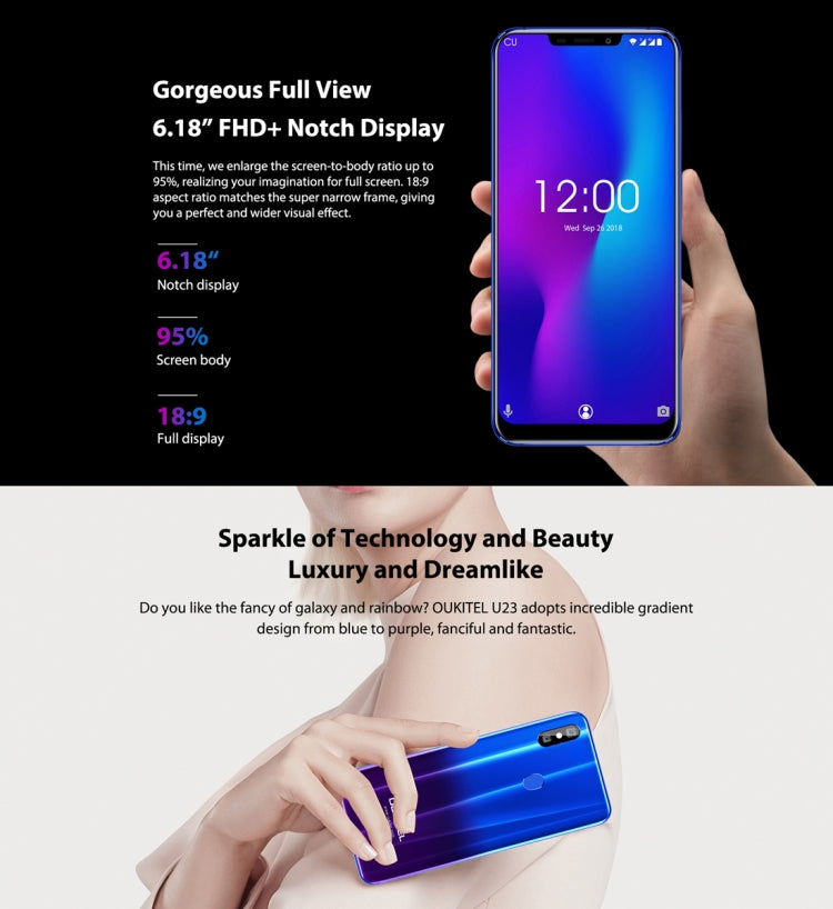 [HK Warehouse] OUKITEL U23, 6GB+64GB, Dual Back Cameras, Face ID & Fingerprint Identification, 6.18 inch Android 8.1 MTK6763T Helio P23 Octa Core up to 2.0GHz, Network: 4G, Dual SIM, OTG, OTA(Gradient Blue)