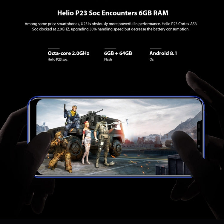 [HK Warehouse] OUKITEL U23, 6GB+64GB, Dual Back Cameras, Face ID & Fingerprint Identification, 6.18 inch Android 8.1 MTK6763T Helio P23 Octa Core up to 2.0GHz, Network: 4G, Dual SIM, OTG, OTA(Gradient Blue)