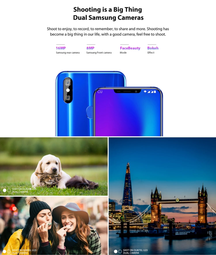 [HK Warehouse] OUKITEL U23, 6GB+64GB, Dual Back Cameras, Face ID & Fingerprint Identification, 6.18 inch Android 8.1 MTK6763T Helio P23 Octa Core up to 2.0GHz, Network: 4G, Dual SIM, OTG, OTA(Gradient Blue)