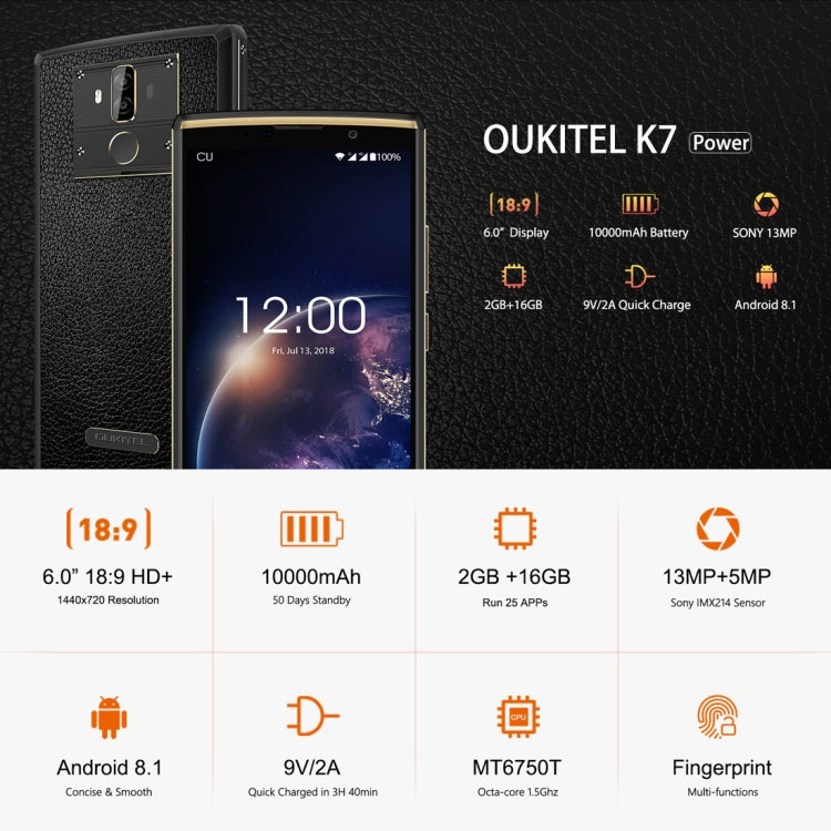 [HK Warehouse] OUKITEL K7 Power, 2GB+16GB, Dual Back Cameras, Fingerprint Identification, 10000mAh Battery, 6.0 inch Android 8.1 MTK6750T Octa Core up to 1.5GHz, Network: 4G, OTG(Black)