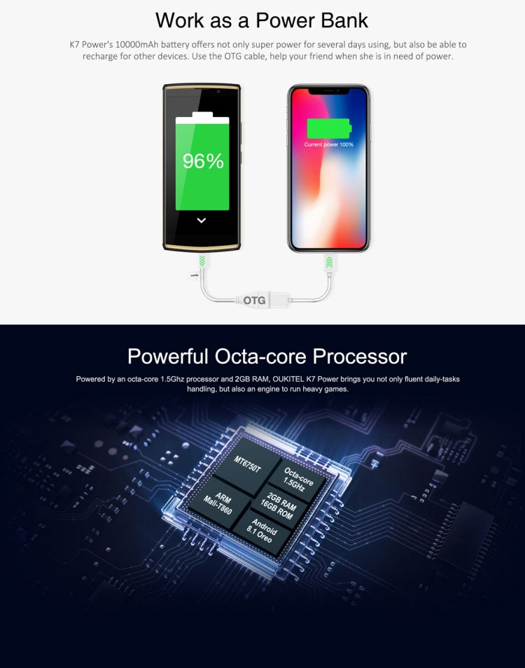 [HK Warehouse] OUKITEL K7 Power, 2GB+16GB, Dual Back Cameras, Fingerprint Identification, 10000mAh Battery, 6.0 inch Android 8.1 MTK6750T Octa Core up to 1.5GHz, Network: 4G, OTG(Black)
