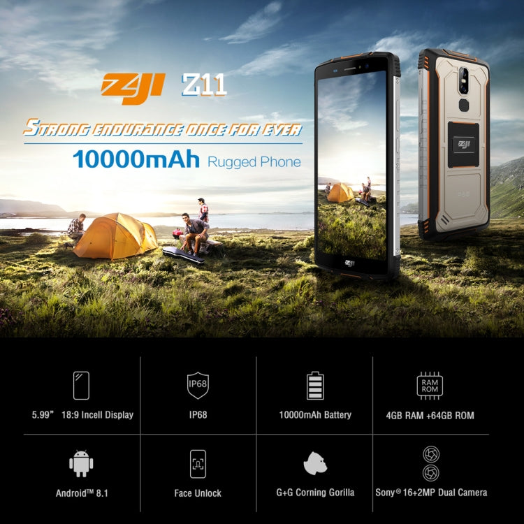 [HK Warehouse] HOMTOM ZOJI Z11 Rugged Phone, 4GB+64GB, IP68 Waterproof Dustproof Shockproof, Dual Back Cameras, 10000mAh Battery, Face ID & Fingerprint Unlock, 5.99 inch Android 8.1 MTK6750T Octa Core up to 1.5GHz, Network: 4G, OTG, Dual SIM
