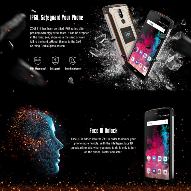 [HK Warehouse] HOMTOM ZOJI Z11 Rugged Phone, 4GB+64GB, IP68 Waterproof Dustproof Shockproof, Dual Back Cameras, 10000mAh Battery, Face ID & Fingerprint Unlock, 5.99 inch Android 8.1 MTK6750T Octa Core up to 1.5GHz, Network: 4G, OTG, Dual SIM