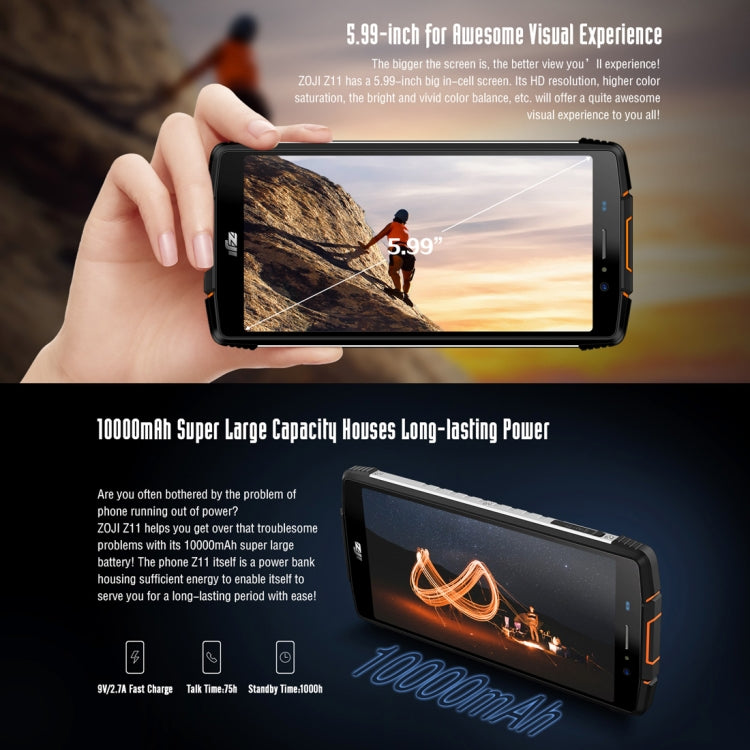 [HK Warehouse] HOMTOM ZOJI Z11 Rugged Phone, 4GB+64GB, IP68 Waterproof Dustproof Shockproof, Dual Back Cameras, 10000mAh Battery, Face ID & Fingerprint Unlock, 5.99 inch Android 8.1 MTK6750T Octa Core up to 1.5GHz, Network: 4G, OTG, Dual SIM