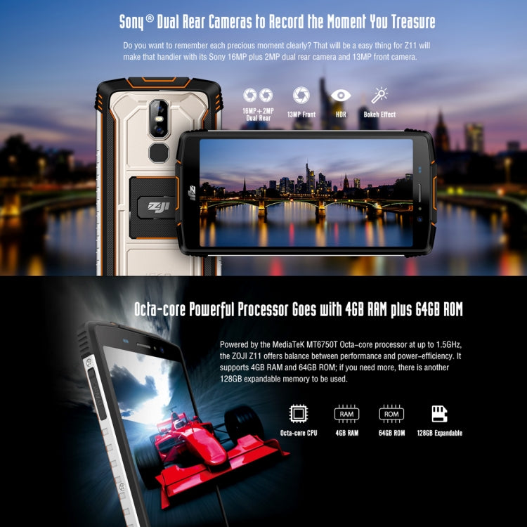[HK Warehouse] HOMTOM ZOJI Z11 Rugged Phone, 4GB+64GB, IP68 Waterproof Dustproof Shockproof, Dual Back Cameras, 10000mAh Battery, Face ID & Fingerprint Unlock, 5.99 inch Android 8.1 MTK6750T Octa Core up to 1.5GHz, Network: 4G, OTG, Dual SIM