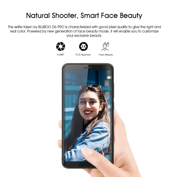 [HK Warehouse] BLUBOO D6 Pro, 2GB+16GB, Dual Back Cameras, Face ID & Fingerprint Identification, 5.5 inch 2.5D Curved Android 8.1 MTK6739V Quad Core up to 1.5GHz, Network: 4G, Dual SIM(Black)