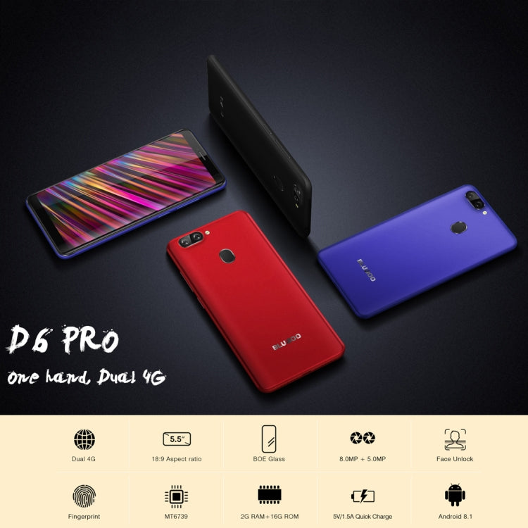 [HK Warehouse] BLUBOO D6 Pro, 2GB+16GB, Dual Back Cameras, Face ID & Fingerprint Identification, 5.5 inch 2.5D Curved Android 8.1 MTK6739V Quad Core up to 1.5GHz, Network: 4G, Dual SIM(Black)
