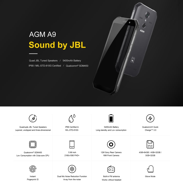 [HK Warehouse] AGM A9 JBL Rugged Phone, 4GB+32GB, IP68 Waterproof Dustproof Shockproof, Fingerprint Identification, 5400mAh Battery, 5.99 inch Android 8.1 Qualcomm SDM450 Octa Core, Network: 4G, OTG, NFC, JBL Sound(Black)