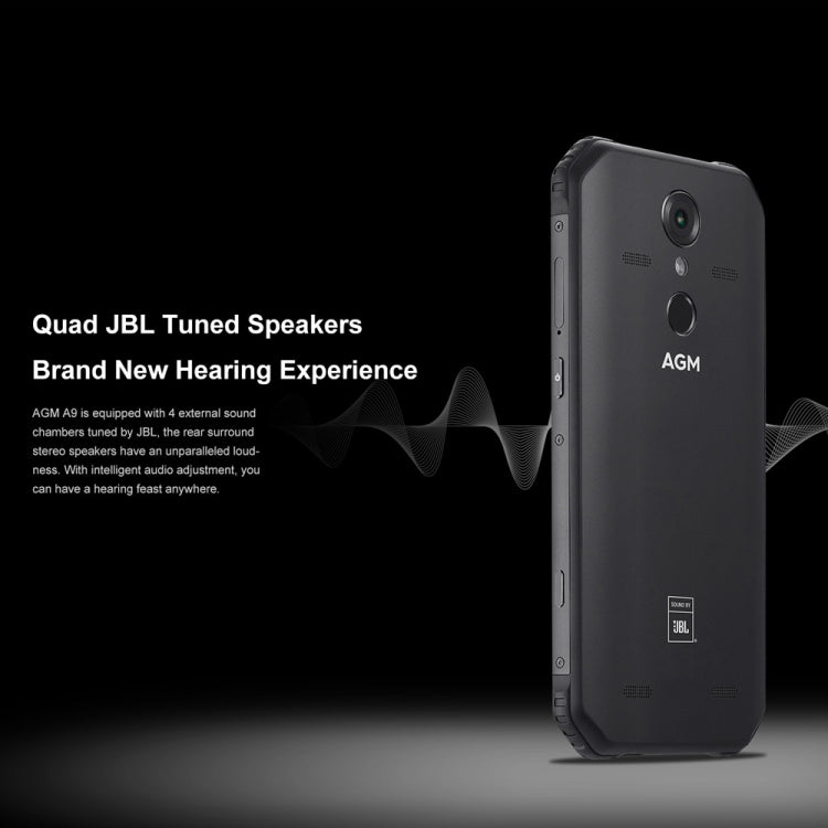 [HK Warehouse] AGM A9 JBL Rugged Phone, 4GB+32GB, IP68 Waterproof Dustproof Shockproof, Fingerprint Identification, 5400mAh Battery, 5.99 inch Android 8.1 Qualcomm SDM450 Octa Core, Network: 4G, OTG, NFC, JBL Sound(Black)