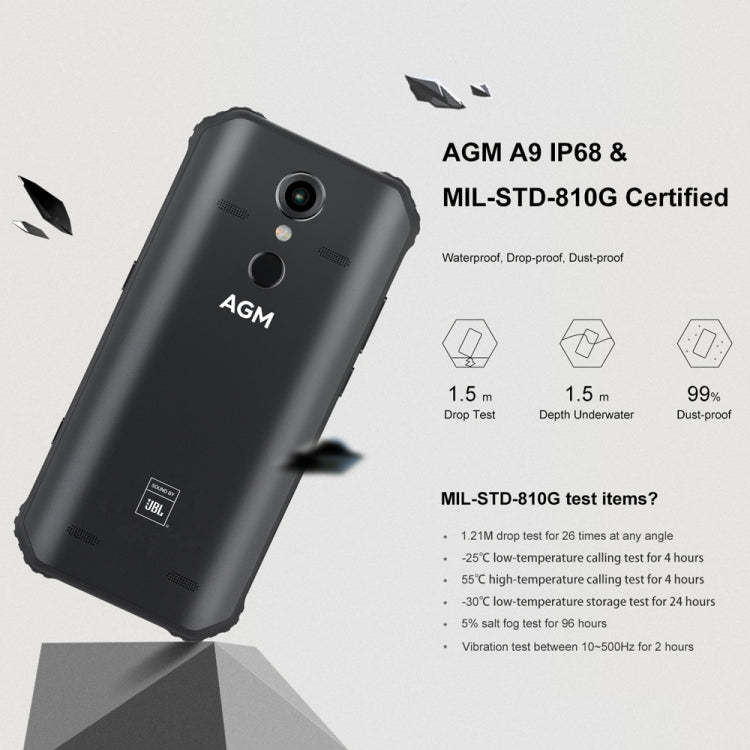 [HK Warehouse] AGM A9 JBL Rugged Phone, 4GB+32GB, IP68 Waterproof Dustproof Shockproof, Fingerprint Identification, 5400mAh Battery, 5.99 inch Android 8.1 Qualcomm SDM450 Octa Core, Network: 4G, OTG, NFC, JBL Sound(Black)