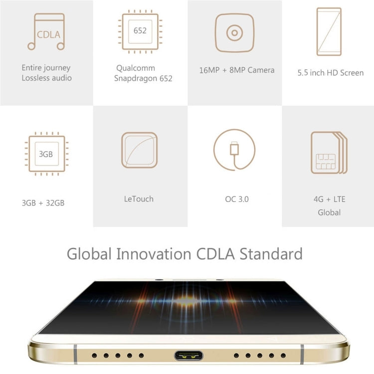 Letv Le 2 X526, 3GB+32GB, Fingerprint Identification, 5.5 inch EUI 5.8 (Android 6.0) Qualcomm Snapdragon 652 Octa Core up to 1.8GHz, Network: 4G, QC 3.0(Gold)