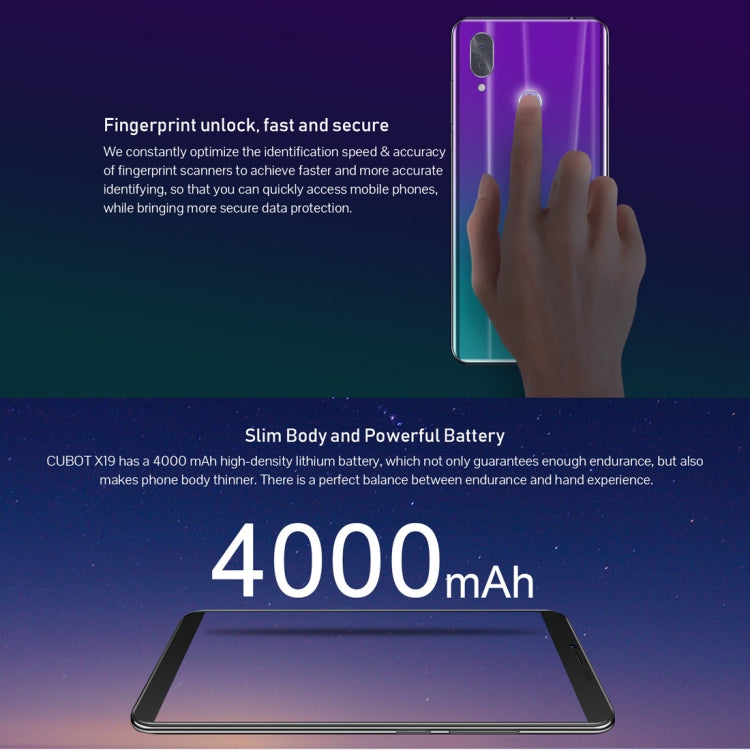 [HK Warehouse] CUBOT X19, 4GB+64GB, Dual Back Cameras, Fingerprint Identification, 4000mAh Battery, 5.93 inch Android 8.1 MTK6763T Helio P23 Octa Core 64Bit up to 2.5GHz, Network: 4G, Dual SIM