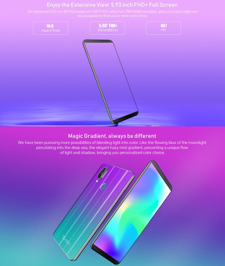 [HK Warehouse] CUBOT X19, 4GB+64GB, Dual Back Cameras, Fingerprint Identification, 4000mAh Battery, 5.93 inch Android 8.1 MTK6763T Helio P23 Octa Core 64Bit up to 2.5GHz, Network: 4G, Dual SIM