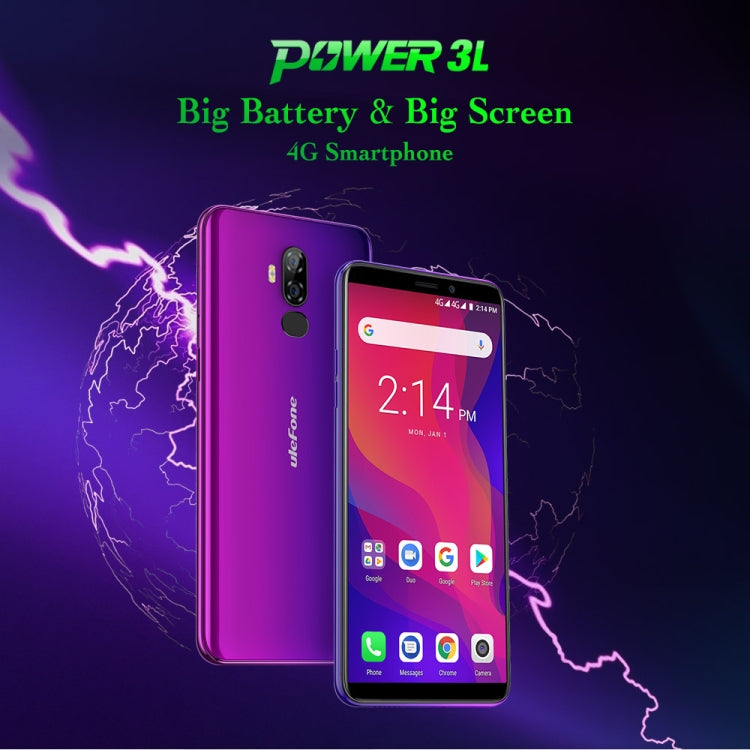 [HK Warehouse] Ulefone Power 3L,  2GB+16GB, Dual Back Cameras, Face ID & Fingerprint Identification, 6350mAh Battery, 6.0 inch Android 8.1 MTK6739 Quad-core 64-bit up to 1.5GHz, Network: 4G, OTG,  Dual SIM(Purple)