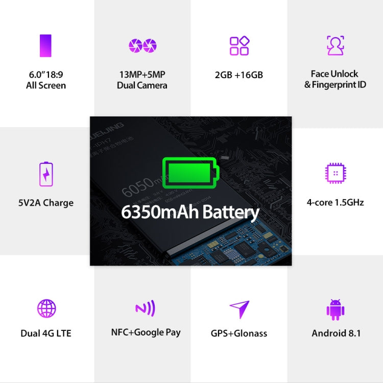 [HK Warehouse] Ulefone Power 3L,  2GB+16GB, Dual Back Cameras, Face ID & Fingerprint Identification, 6350mAh Battery, 6.0 inch Android 8.1 MTK6739 Quad-core 64-bit up to 1.5GHz, Network: 4G, OTG,  Dual SIM(Purple)