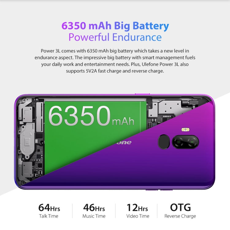 [HK Warehouse] Ulefone Power 3L,  2GB+16GB, Dual Back Cameras, Face ID & Fingerprint Identification, 6350mAh Battery, 6.0 inch Android 8.1 MTK6739 Quad-core 64-bit up to 1.5GHz, Network: 4G, OTG,  Dual SIM(Purple)