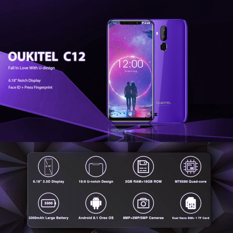 [HK Warehouse] OUKITEL C12, 2GB+16GB, Dual Back Cameras, Face ID & Fingerprint Identification, 6.18 inch U-notch Screen Android 8.1 MTK6580 Quad Core up to 1.3GHz, Network: 3G
