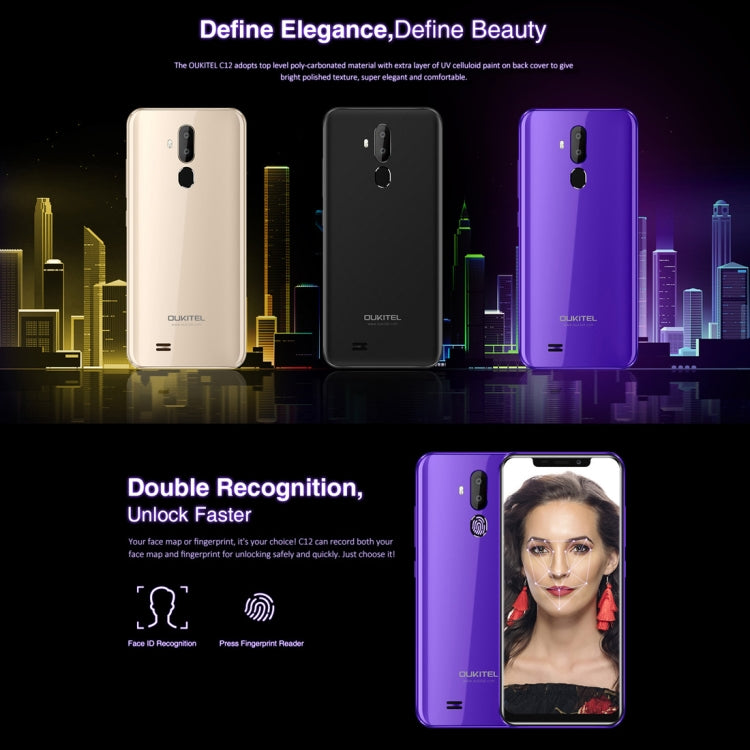 [HK Warehouse] OUKITEL C12, 2GB+16GB, Dual Back Cameras, Face ID & Fingerprint Identification, 6.18 inch U-notch Screen Android 8.1 MTK6580 Quad Core up to 1.3GHz, Network: 3G