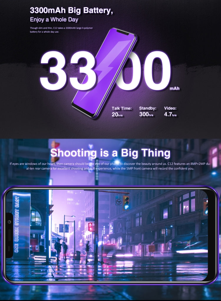 [HK Warehouse] OUKITEL C12, 2GB+16GB, Dual Back Cameras, Face ID & Fingerprint Identification, 6.18 inch U-notch Screen Android 8.1 MTK6580 Quad Core up to 1.3GHz, Network: 3G
