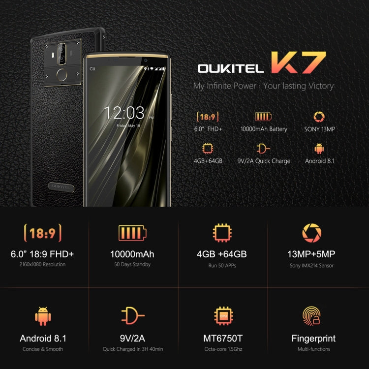 [HK Warehouse] OUKITEL K7, 4GB+64GB, Dual Back Cameras, Fingerprint Identification, 10000mAh Battery, 6.0 inch Android 8.1 MTK6750T Octa Core up to 1.5GHz, Network: 4G, OTG