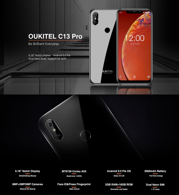 [HK Warehouse] OUKITEL C13 Pro, 2GB+16GB, Dual Back Cameras, Face ID & Fingerprint Identification, 6.18 inch 2.5D U-notch Screen Android 9.0 MTK6739 Quad Core up to 1.5GHz, Network: 4G