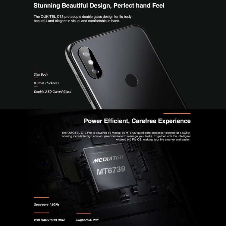 [HK Warehouse] OUKITEL C13 Pro, 2GB+16GB, Dual Back Cameras, Face ID & Fingerprint Identification, 6.18 inch 2.5D U-notch Screen Android 9.0 MTK6739 Quad Core up to 1.5GHz, Network: 4G