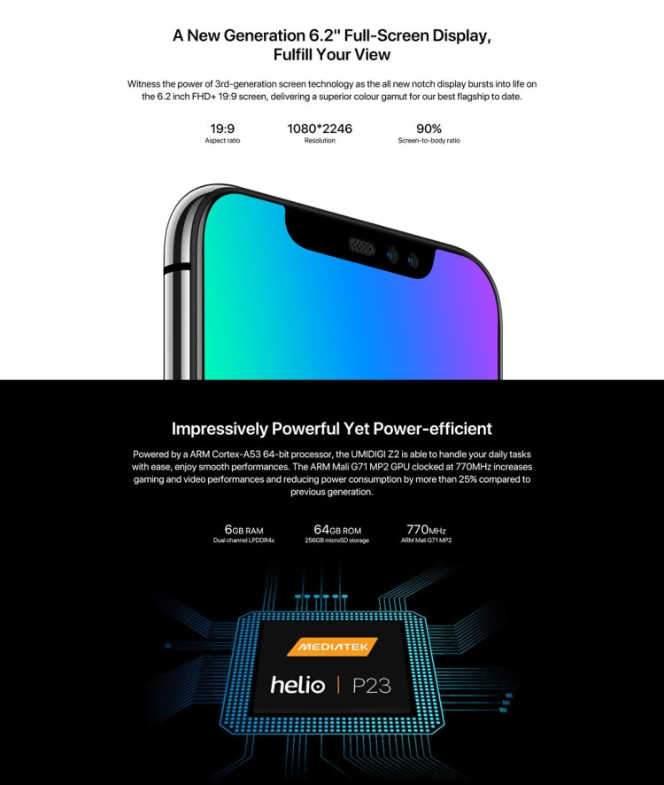 [HK Warehouse] UMIDIGI Z2, Dual 4G, 6GB+64GB, Dual Back Cameras + Dual Front Cameras, Face ID & Fingerprint Identification, 6.2 inch Android 8.1 MTK6763 (Helio P23)  Octa Core up to 2.0GHz, Network: 4G, Dual SIM
